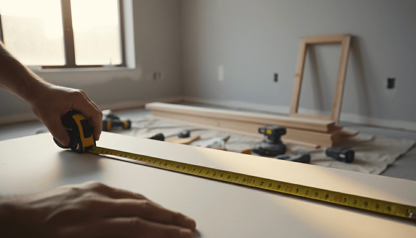 Contractor measuring drywall during active remodeling project
