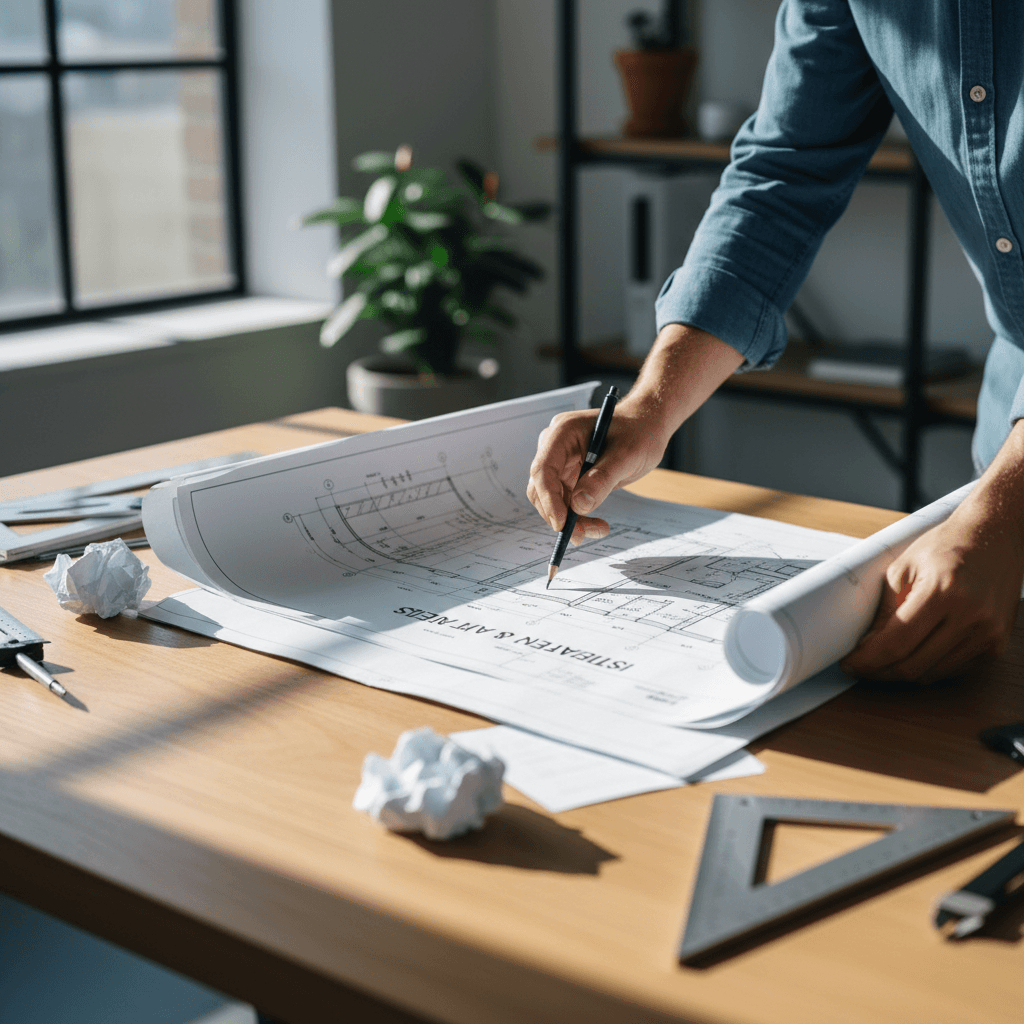Construction professional reviewing project blueprints