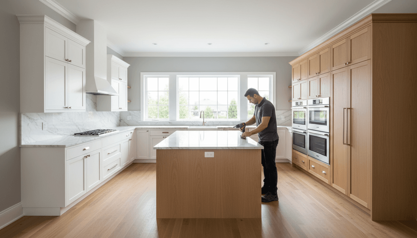 Completed kitchen remodeling project showcasing professional drywall and paint work in New York home