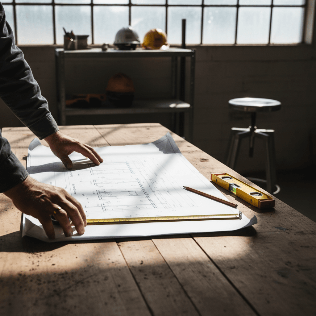 Contractor reviewing renovation blueprints and project details on tablet